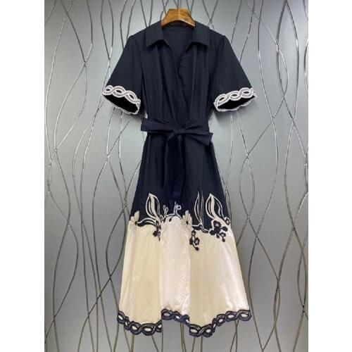 High Quality Cotton Dress 2021 Summer Women Turn-down Collar Lurex Embroidery Short Sleeve Mid-Calf Length Casual Vintage Dress
