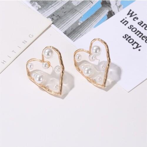 Golden Simulated Pearl Convex-Concave Hollow Irregular Heart Alloy Geometry Dangle Earrings & Drop Earrings for Women