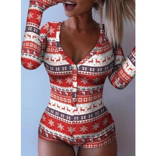 2020 Women Elegant Fashion Sexy Casual Christmas Print Button Front Onesie Bodysuits Skinny Pajamas
