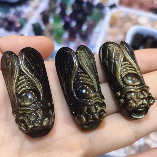 3pcs Hand Carved Natural Obsidian Golden Cikada Quartz Crystal Sculpture Home Decoration Mineral For Reiki pendant necklace