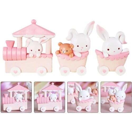 3Pcs Cake Adornment Resin Cartoon Rabbit Train Ornament Cake Top Doll Decor For Party Home Pink Cake Toppers