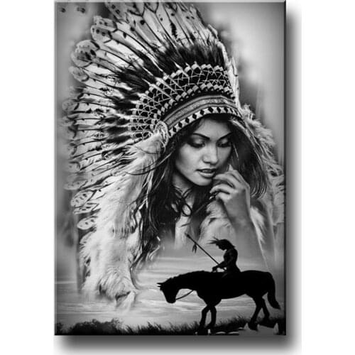 Black White Indian Feather Woman Full Square Round Drill 5D DIY Diamond Painting Portrait Embroidery Cross Stitch A2325