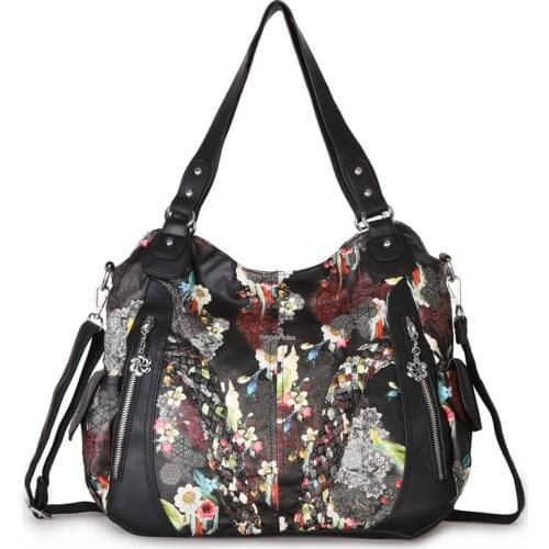 Angel Kiss Brand Women Black Floral Shoulder Bag Female Flower Printed Handbag Messenger Tote Purse with Adjustable Long Strap