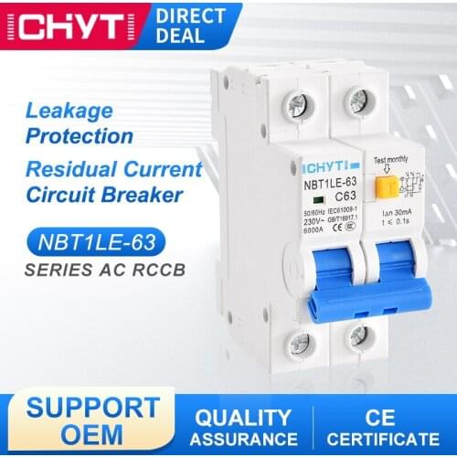 NBT1LE-63 2P Leakage Protection Can Turn Off 10A 16A 20A 25A 32A 40A 63A 30mA Switch Mini Residual Current Circuit Breaker RCCB