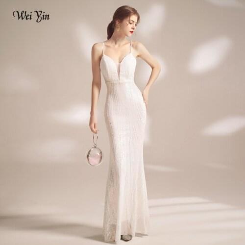 Weiyin AE0536 White Sexy Prom Dresses Deep V-Neck Sequined Spaghetti Straps Ruched Mermaid Party Gown Vestidos De Gala