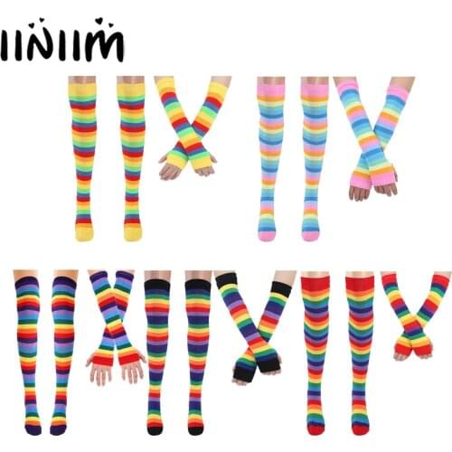 Women Girls Colorful Rainbow Striped Knee Thigh High Socks Stockings Gloves Perfect for Halloween Costume Fun Party Cosplay Gift