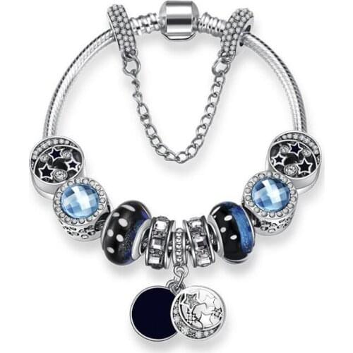 Silver Color Charm Bracelet & Bangle Blue Star Moon Beads Women Wedding Jewelry