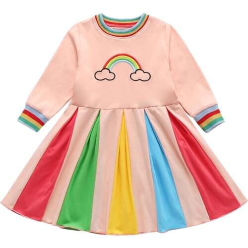 Children Dresses Personality Printing Korean Splicing Color Comfort Soft Long Sleeve Cute Rainbow Girls Princess Dress