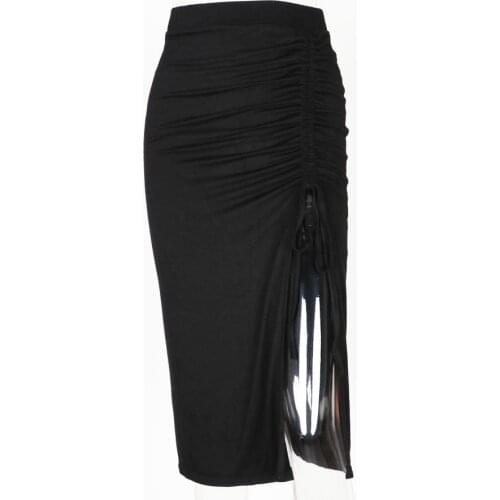 Elastic Skirts PartyS-XL Nitgt Club High Waist Midi Sexy Bodycon Slim Long Skirt Ruched Drawstring high slit Women Skirts