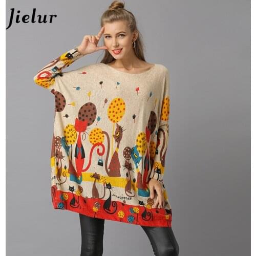 Jielur Chic Big Size Long Pullovers O-Neck Casual Knitted Sweaters for Women Lovely Caroon Cat Printed Ladys Sweater Pull Femme