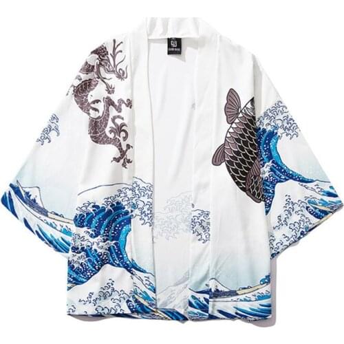Mens Japanese National Style Kimono Cardigan Vintage Carp Wave Print Haori 2021 Summer New Casual Loose Japan Fashion Clothes