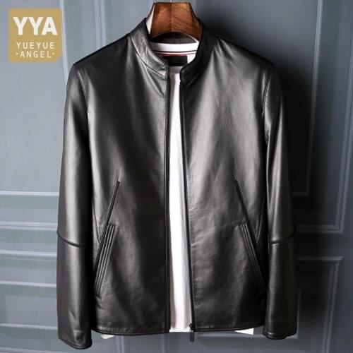 Classic Business Men Stand Collar Slim Fit Sheepskin Genuine Leather Jacket Zipper Autumn Office Work Coat Plus Size 5XL Jackets