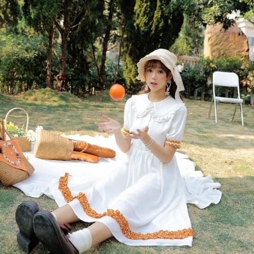 Kawaii Sweet Dress Women 2021 Dresses Summer Contrast Stitching Short-Sleeve Polka Dot White Doll Collar Cute Lolita Vestido