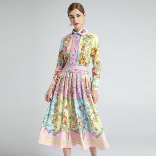 Fashion 2 Pieces Runway Twinsets Autumn Winter Long Sleeve Beading Collar Blouse+Long Skirts Flower Print Elegant Sets