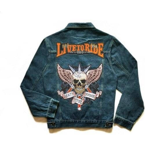 Motorcycle Denim Jackets Men Motor Biker Club Jeans Coat Luminous Effect Skeleton Eagle Devil Patch Embroidery Punk Jackets 6XL