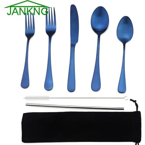 JANKNG 5Pcs/set Black Blue Rainbow Rose Stainless Steel Cutlery Set Dinnerware Tableware Silverware Sets Dinner Knife Fork Straw
