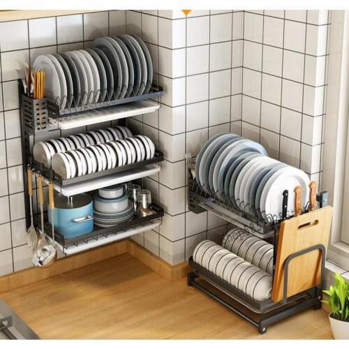Punch-free dish rack wall-mounted drying dish drain rack plate tableware storage box stainless steel kitchen rack