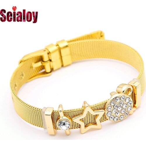 SEIALOY Stainless Steel Mesh Watch Belt Bracelets For Woman men Original Gold Crystal Star Key Charm Watch Belt Bracelet Bangles