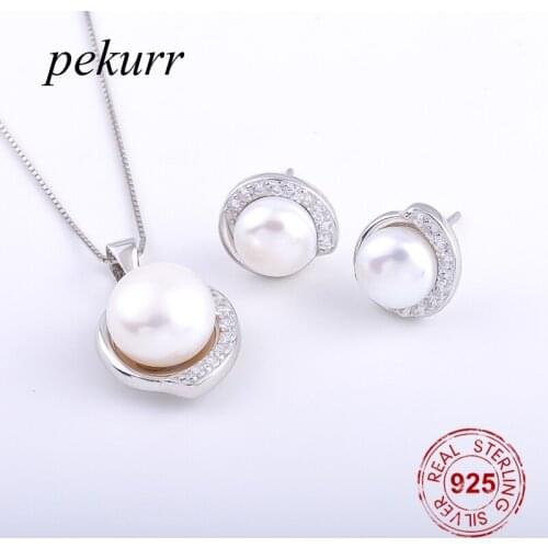Pekurr 925 Sterling Silver Simple Round Shell Freshwater Natural Pearl Earrings Necklace Sets For Women Zircon Pendant Jewelry