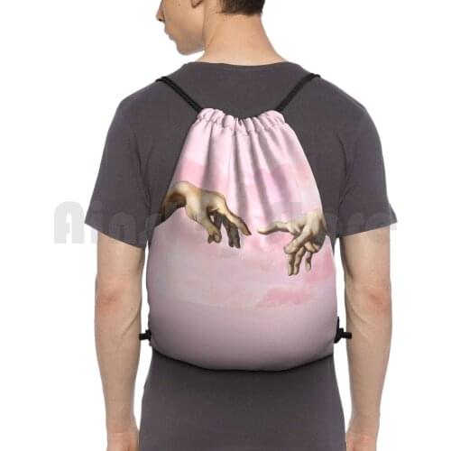 The Creation Of Adam-Pink Backpack Drawstring Bags Gym Bag Waterproof Creation Adam Hand Hands Adams Pink God Cool Love