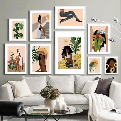 Vintage Leopard Girl Monstera Palm Sunflower Wall Art Canvas Painting Nordic Posters And Prints Decor Pictures For Living Room