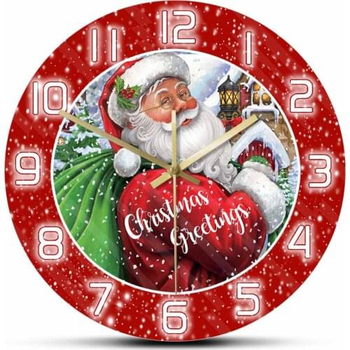 Vintage Santa Claus With Sack Red Design Wall Clock For Kids Living Room Christmas Greetings Snow Holiday Home Decor Wall Watch