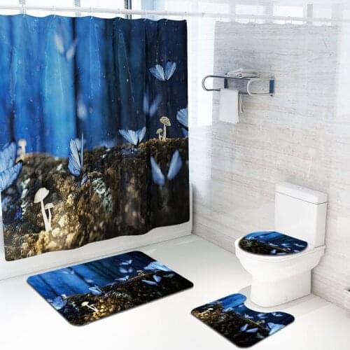 Waterproof 3D Blue Butterfly Print Shower Curtain Bathroom Rug Set Polyester Fabric Bath Curtains Toilet Cover Mat Sets