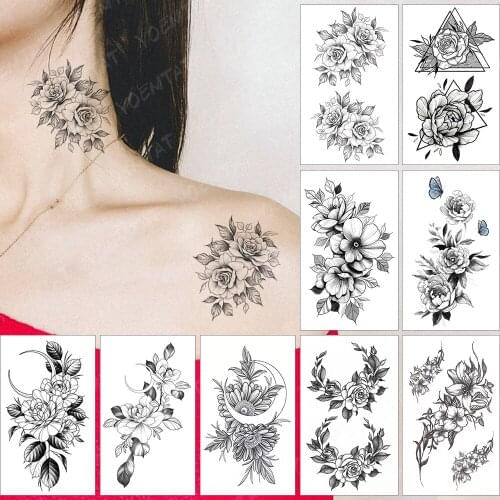 Waterproof Temporary Tattoo Sticker Simple Lines Small Roses Flowers Peony Moon Flash Tatoo Fake Tatto For Body Art Women Men