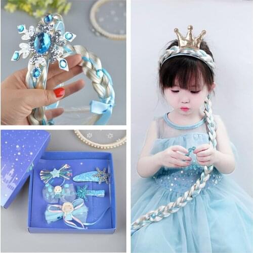 6pcs Girls Crown Wig Braid Snow Princess Hairpin Children’s Headband Accessories Queen Elsa with Cute Hair Hoop for kids