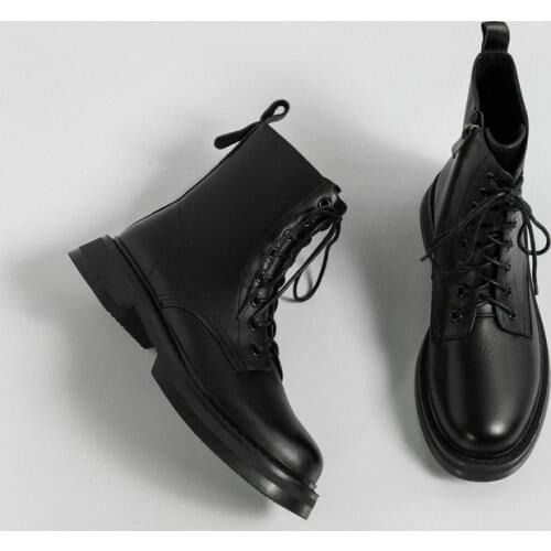 QZYERAI British Style Genuine Leather Boots Women Shoes Thick Sole Lace Up Autumn Winter Short Ankle Women Motorcycle Boots
