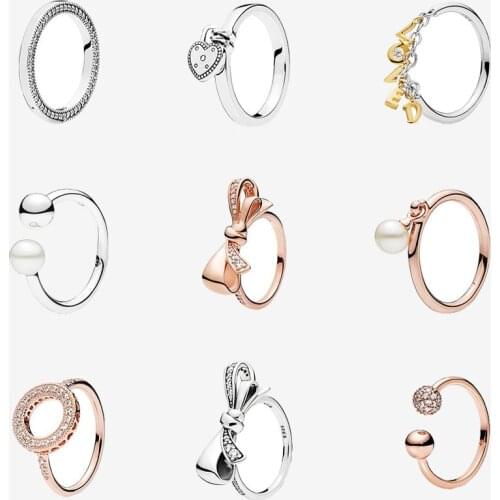 925 Sterling Silver Pan Color Ring Charms Rose Gold Bow Heart Gold Letter Loved Crystal Finger Ring Women Party Jewelry