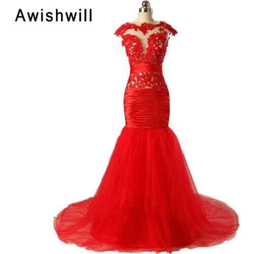 Hot Sale Abiti da Cerimonia da Sera Open Back Cap Sleeve Lace Tulle Mermaid Party Prom Dresses Gowns Long Red Evening Dress