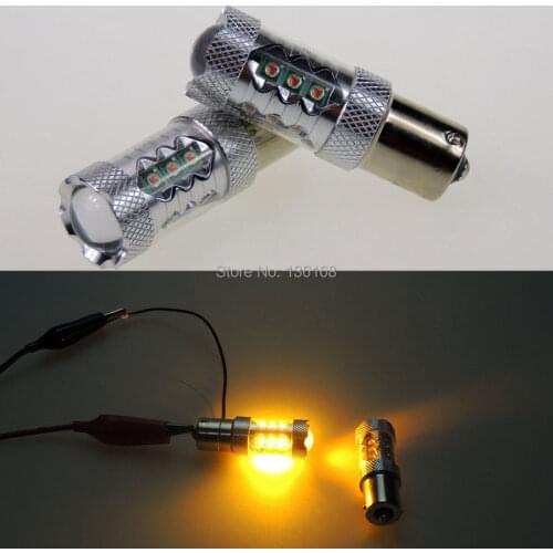 2pcs 80W Amber/Yellow 1156 G18 P21W 7507 1156A BA15S CREE Chips High Power LED Car Backup Indicator Bulbs RV Camper 1141