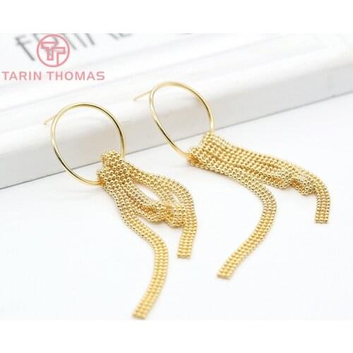 2PCS 27x109MM 24K Gold Color Plated Brass Round with Tassel Stud Earrings High Quality DIY Jewelry Making Findings
