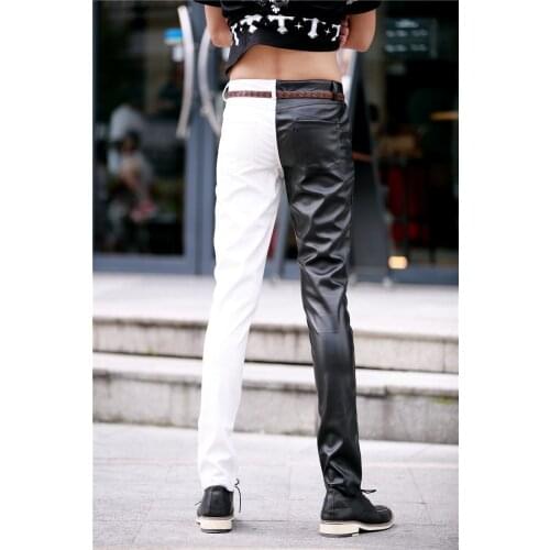 2016 Nightclub Arena rock black-and-white personality men leisure trousers shape tight locomotive leather pants singer costumes