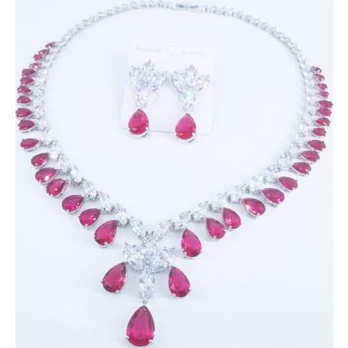 2021 new fashion luxury romantic retro red little water drop zircon necklace earringset,wedding bride dinner party dress jewelry