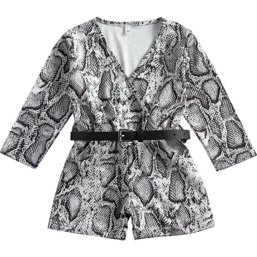2021 Brand New Summer Toddler Kids Girl Long Sleeve Romper V Neck Snake Printed Short Jumpsuit Belt Clothes Set Outfits