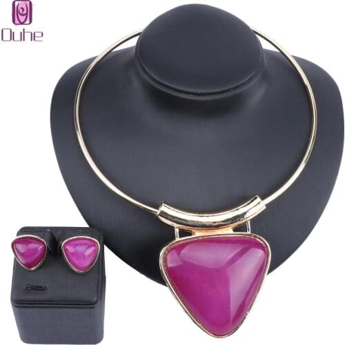 African Beads Jewelry Sets For Women Wedding Bridal Resin Gem Triangle Pendant Statement Necklace Earrings Accessories Set