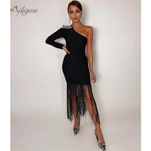 Ailigou 2021 Summer New Ladies Beaded Sexy One-Shoulder Bandage Dress Party Club Elegant Tassel Tight-Fitting Mid-Length Dress