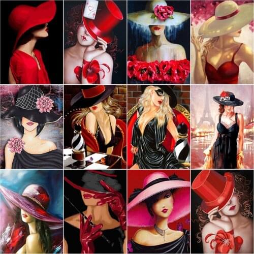 AZQSD Oil Painting By Number Fashion Woman In Hat Picture By Numbers Portrait Kits Handmade Modern Wall Art Gift