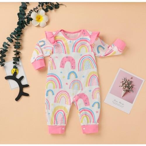 Baby Girl Clothes Baby Romper Girls Rainbow Print Ruffle Long Sleeve Newborn Romper Baby Jumpsuit Pink Cute Baby Girl Outfit