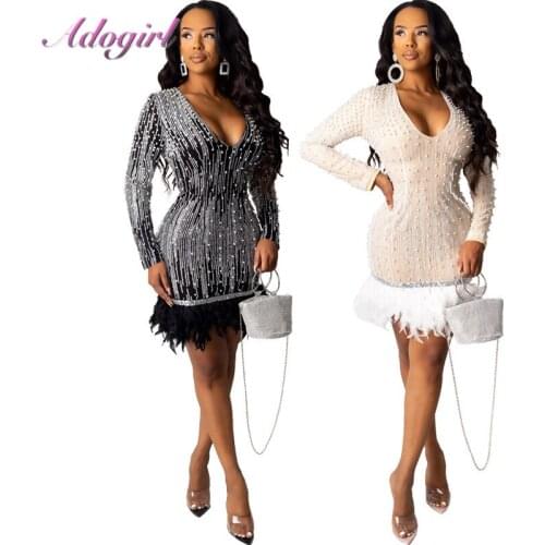 Elegant Sequin Pearls Patchwork Feather Bodycon Banquet Mini Dress Women Sexy Deep V Neck Long Sleeve Evening Party Club Dresses