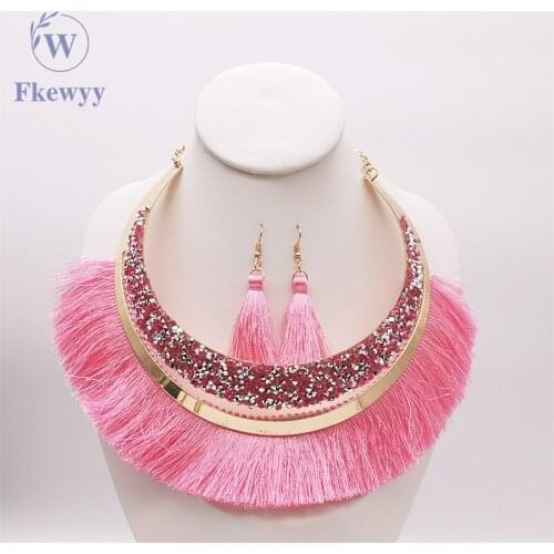 Fkewyy Ethnic Necklace For Women Tassel Luxury Jewelry Set Wedding Accessories Gold Plated Jewellery Tassel Rhinestone Necklace