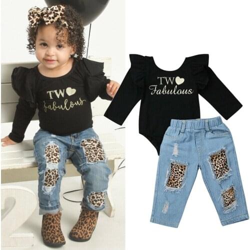 2PCS Toddler Kids Baby Toddler Kids Clothes Girls Ruffle Black Tops Ruffle Romper Denim Leopard Pants Girls Clothes Outfits