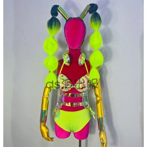 Nightclub Bar DS Costume Party Atmosphere Fluorescent Bikini Suit Exaggerated Big Wig Female Singer Jazz Dance Costume DWY4333