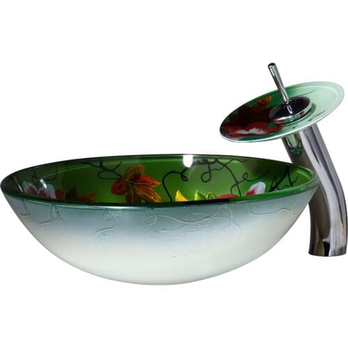 Bathroom lavatory flora round basin bowl sink hand painting waterfall brass mixer faucet tap