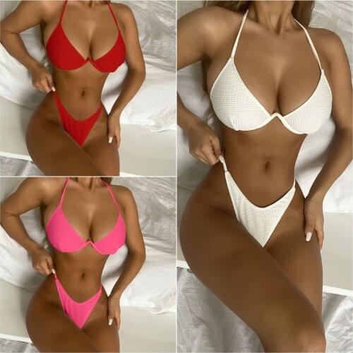 Swimsuit Women 2021 New Womens Swimsuit Sexy Underwire Gathering Pure Color Bikini Set 2 piece set women