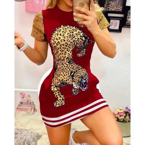 2021 Women Sexy Daily Wear O Neck Cute Tiger Animal Print Short Sleeve Casual Summer Vintage Mini Bodycon Party Dress