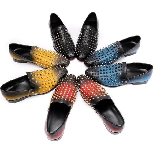 Trendy Rivet Loafers Genuine Leather Casual Party Shoes Men Career Work Shoes Mens Nightclub Bars Leisure Show Shoes Size 37-46