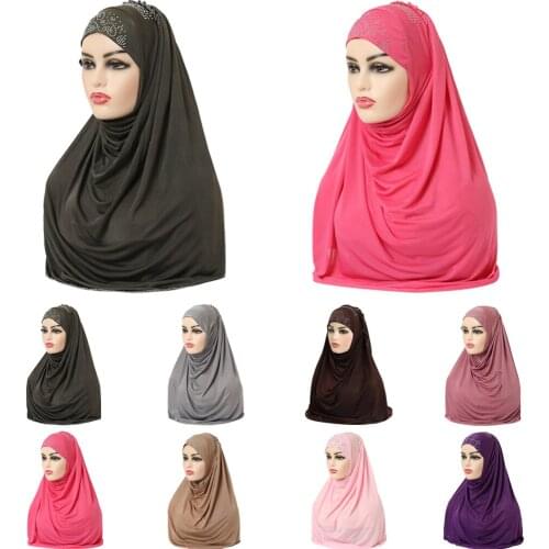 Muslim Women Girls Hijab Islamic Hijab Scarf One Piece Amira Fashion Solid Color Soft Headscarf Arabic Headwrap Rhinestone Hijab
